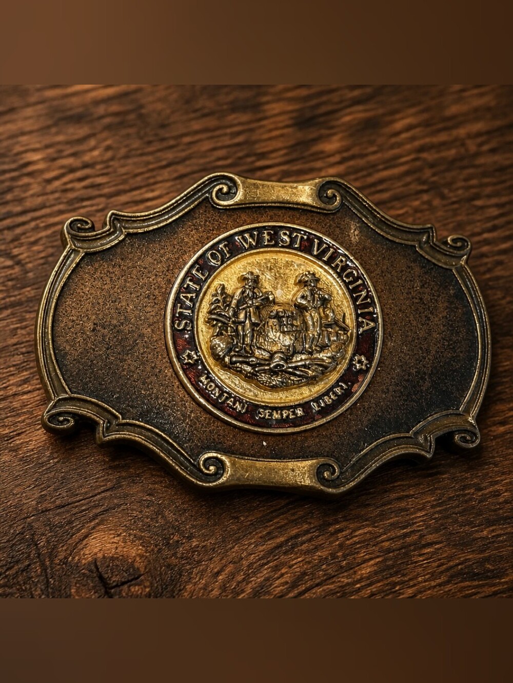 Vintage 1978 Raintree State of West Virginia Brass Leather Belt Buckle 1231